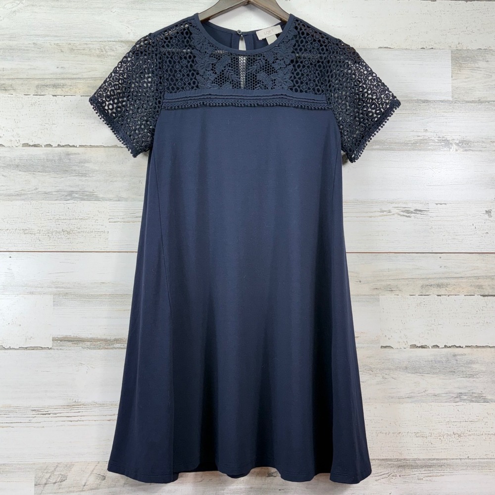 LOFT Navy Blue Lace Yoke Shift Dress Womens XS Short Sleeve Crochet Knit